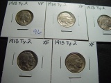 Five 1913 Ty. 2 Buffalo Nickels   VF/XF