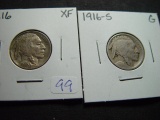 Pair of Early Buffalo Nickels: 1916  XF & 1916-S  Good