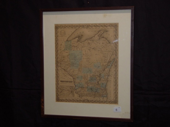Framed and matted Wisconsin state map by JH Colton & Co. 1855 22x19