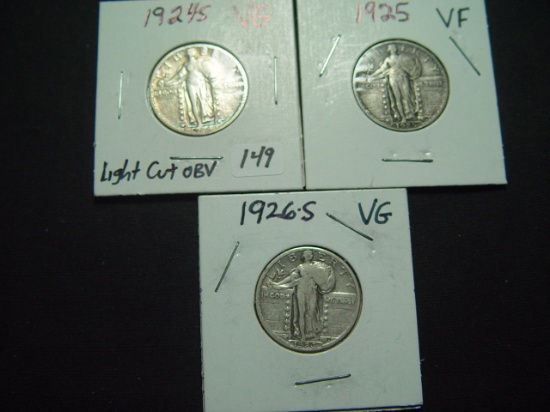 Three Standing Liberty Quarters: 1924-S VG Cut OBV, 1925 VF & 1926-S VG