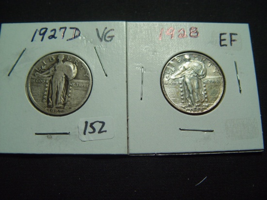 Two 25 Cent Standing Libertys: 1927-D VG & 1928 EF