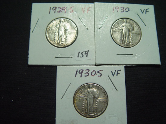 Three 25 Cent Standing Libertys: 1929-S VF, 1930 VF & 1930-S VF