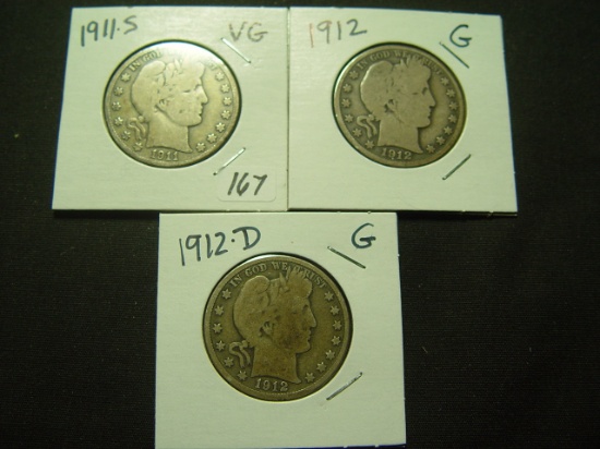 Three 50 Cent Barbers: 1911-S VG, 1912 G, & 1912-D G