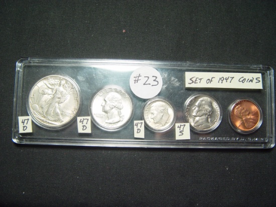 Set of 1947 Coins, 50, 25 & 10 Cents - D's; Five Cents - S, 1 Cent P