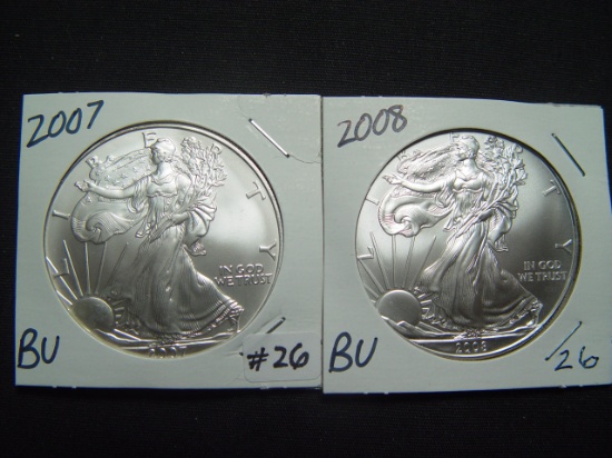 Two $1 Silver American Eagles 2007 & 2008