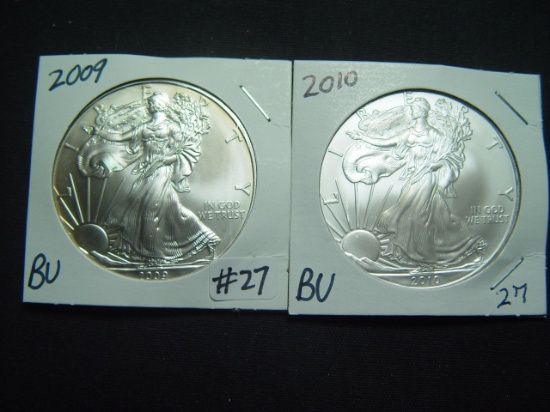 Two $1 Silver American Eagles 2009 & 2010
