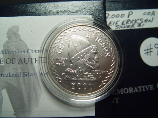 2000-P Silver Uncirculated $1 Leif Erickson Commemorative w/ COA