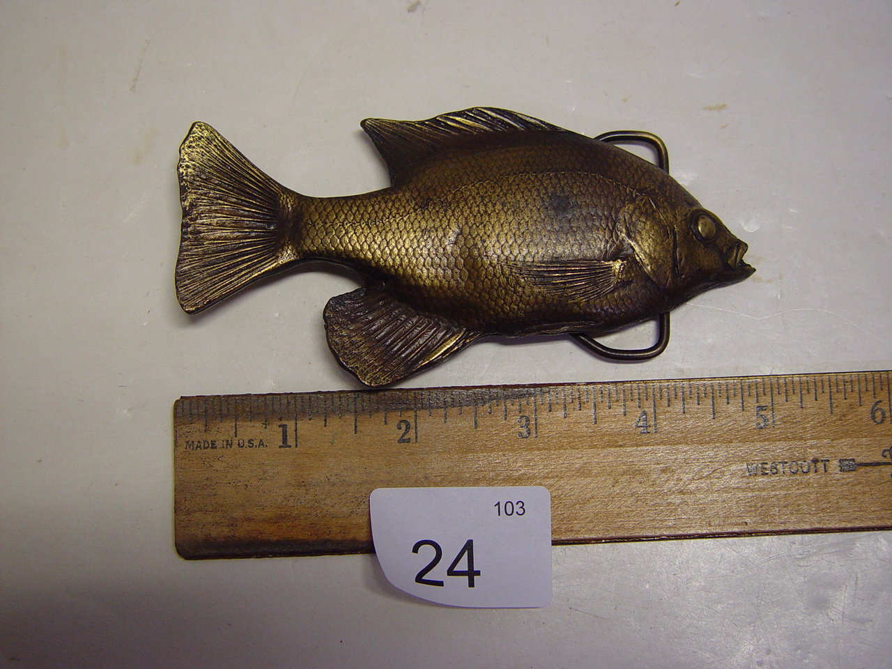 5” Brass fish belt buckle marked 1976 Bergamot