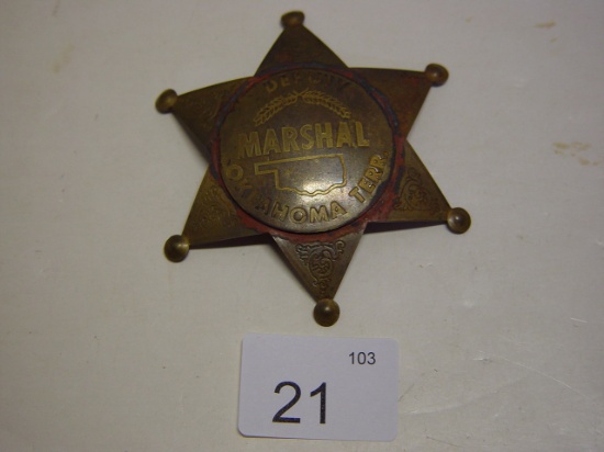 Brass pin badge 3 ½” Deputy Marshall Oklahoma Terr. 2 pics