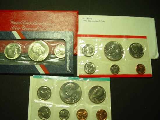 Three Mint Sets: 1973 & (2) 1976 3 Piece Silver Mint Sets-