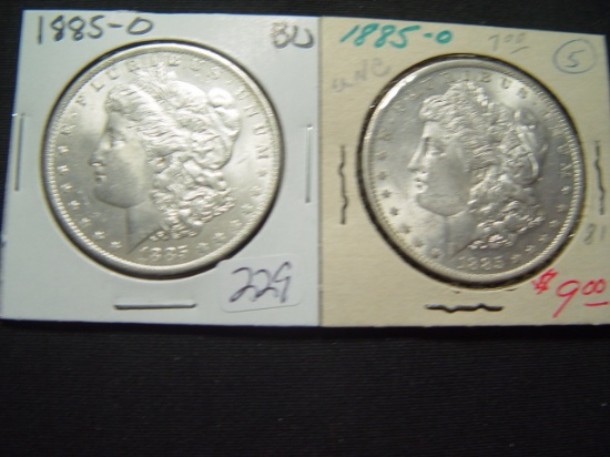 Two BU 1885-O Morgan Dollars