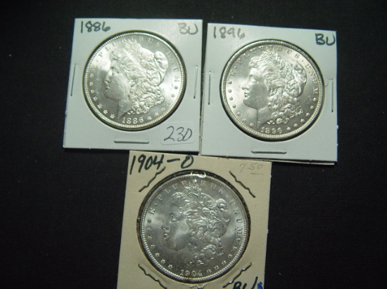 Three Different BU Morgan Dollars: 1886, 1896, 1904-O