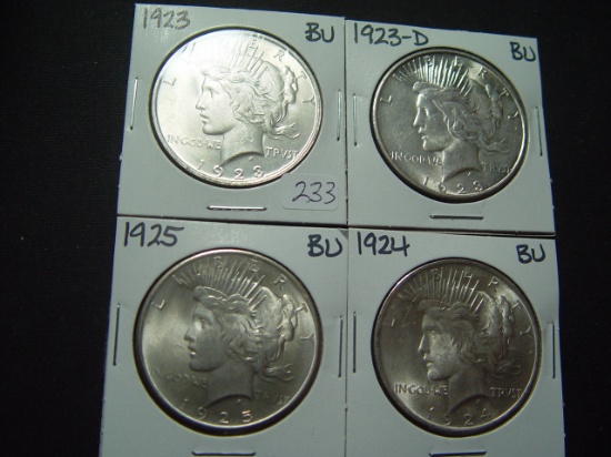 Four Different BU Peace Dollars: 1923, 1923-D, 1924, 1925