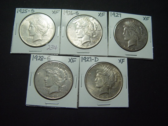 Five Different XF Peace Dollars: 1925-S, 1926-S, 1927, 1927-D, 1928-S