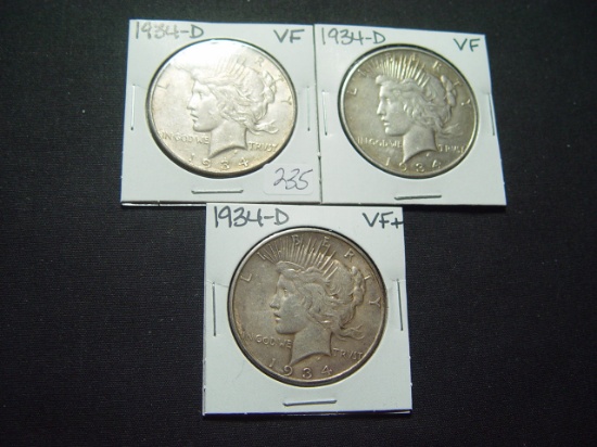 Three VF 1934-D Peace Dollars