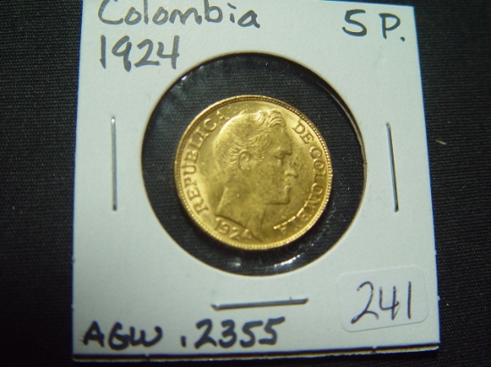 1924 BU Colombia Gold 5 Pesos  Gold weight = .2355 Oz.
