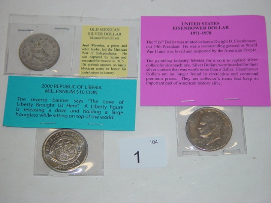 1972 Eisenhower dollar, 1962 Mexican silver peso, 2000 Liberian $10 coin 2 pics