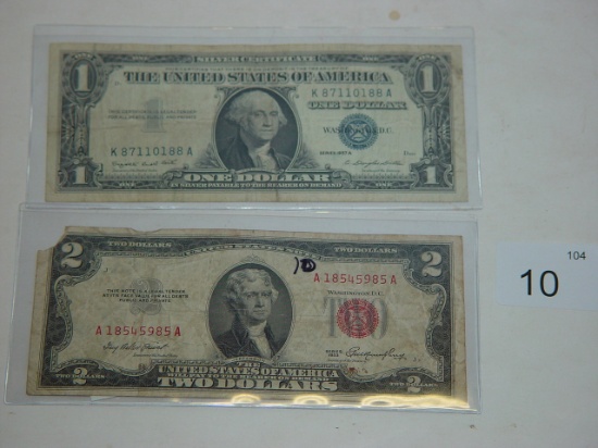 1957 $1 Silver certificate, 1953 $2 bill 2 pics