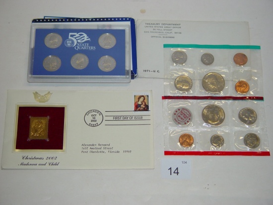 2003 Proof set statehood quarter, 1971 uncirculated mint set, Christmas 2002 First day stamp 2 pics