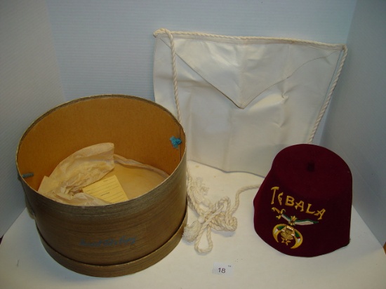 Tebala Shriner fez size 7 1/8, Masonic leather apron, Marshall Fields hat box