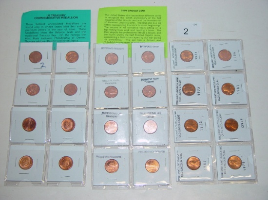 8 2009 Lincoln cents, 8 uncirculated mint medallions, 8 uncirculated Lincoln cents 2 pics