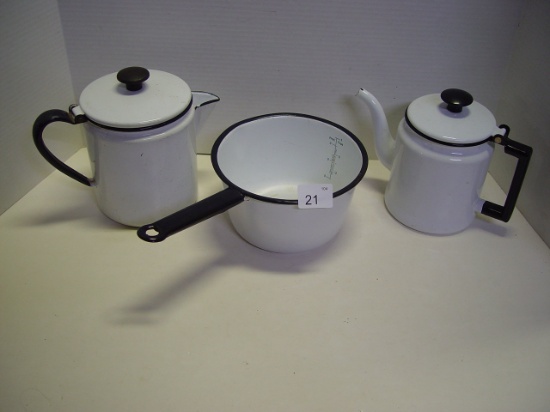 White enamelware pan, pitcher and tea pot lot