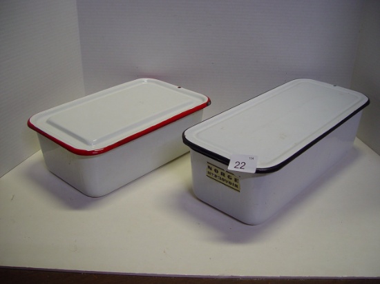 Enamelware storage pans with lids. 1 is Marked  Norge Hydrovoir, Normal chipping 2 pics