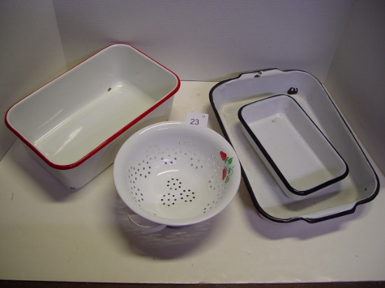 Mixed enamelware storage pans. Normal chipping