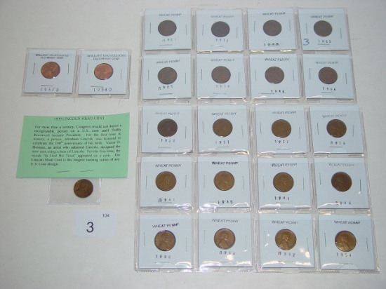 1909 Lincoln cent, 2 uncirculated wheat cents, 12 wheat cents 2 pics