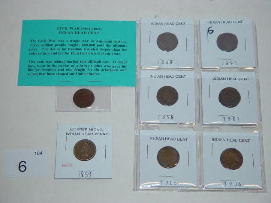 1859 Indian head cent, 6 Indian head cents, Civil War Indian head cent 2 pics