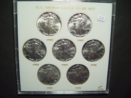 Seven Coin Set of BU Silver Eagles 1986 thru 1992