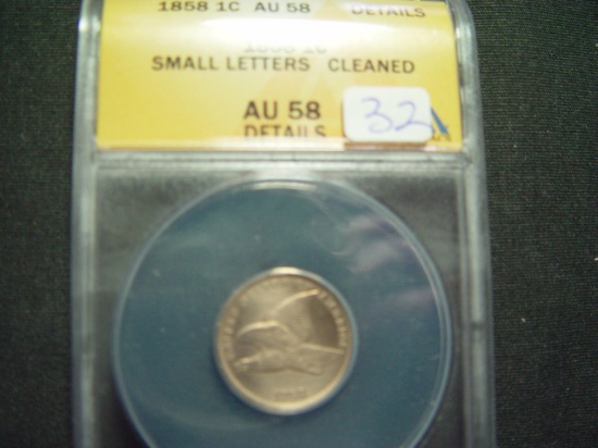 1858 Flying Eagle Cent   ANACS AU58 Details, Cleaned