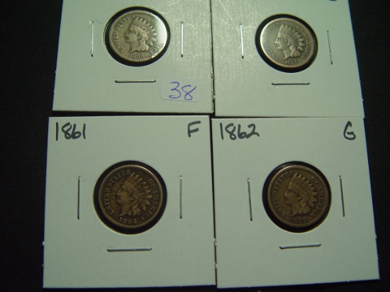 Four Copper/Nickel Indian Cents: 1859, 1860, 1861, 1862   Good+