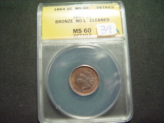 1864 Bronze Indian Cent   ANACS MS60 Details, Cleaned