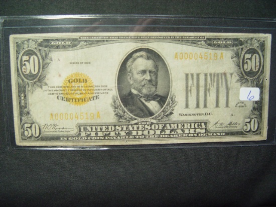 1928 $50 Gold Certificate   Fine w/some pinholes