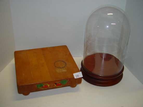 Wooden chopping block 11x11 and glass dome display 14x8