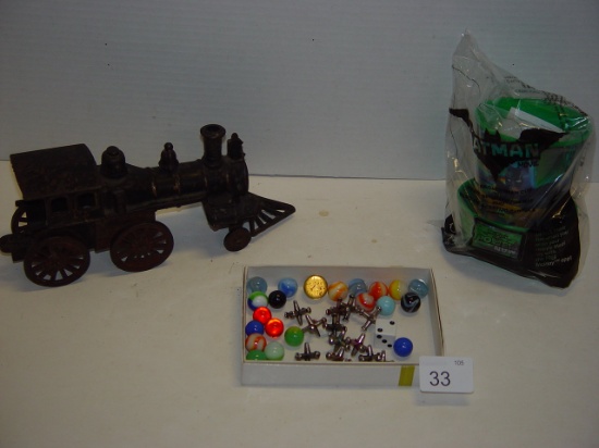 Fun toy lot- cast iron train engine, marbles with jacks, Lego Batman movie cup