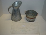 Galvanized pitcher 9” tall and bucket with cloth grain bag