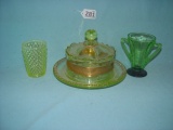 (3) Green Pieces, Butter Dish Has Two Chips