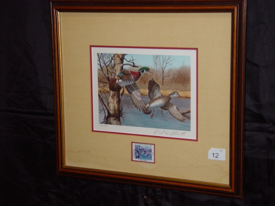 Framed and matted 1983 Ducks Unlimited New Hampshire Wood Ducks stamp signed by Richard Plasschaert