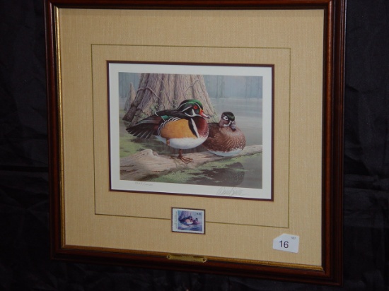 Framed and matted 1985 Ducks Unlimited Georgia Wood Ducks stamp signed by Dan Smith 18x16