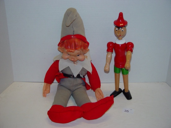 Cloth elf and wooden Pinocchio doll lot tallest 19”