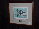Framed and matted 1985 Ducks Unlimited New York Canada Geese stamp signed by Larry Barton 18x16
