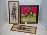 Framed Wild Bill Hickok and Wyatt Earp signed Jack Davis, Cowboy puzzle framed signed Harry Hull