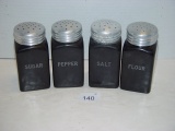 Salt, Pepper, Sugar and Flour shakers 5” tall Salt shaker cap has corrosion