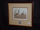 Framed and matted 1985 Ducks Unlimited Wyoming Canada Goose stamp signed by Robert Kusserow 18x16