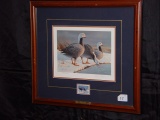 Framed and matted 1985 Ducks Unlimited Alaska Emperor Geese stamp signed by Dan Smith 18x16