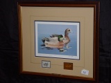 Framed and matted 1984 Ducks Unlimited Federal American Wigeons stamp signed by William Morris 18x16