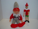 Cloth elf and wooden Pinocchio doll lot tallest 19”