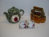 Teapot, McCoy deco piece and gold trimmed small creamer and sugar on tray